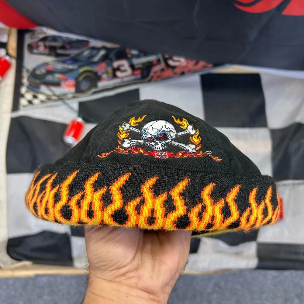 Vintage 2000 Beach Club Promotions Skull Flame Bullet Cap Biker Hat Black NWT
